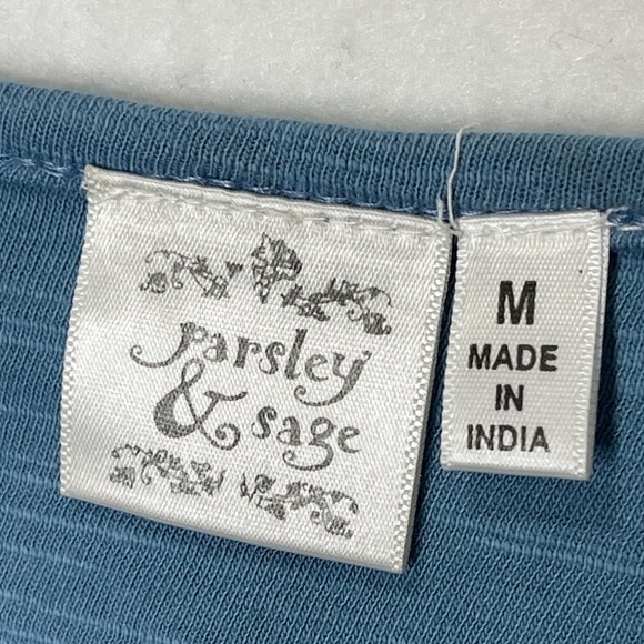 Parsley & Sage Blue Cotton Floral Embroidered Top 3/4 Sleeves Boho - Picture 3 of 4